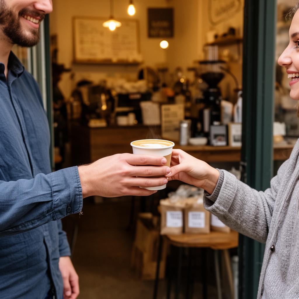 Local cafe owner handing a coffee to a customer