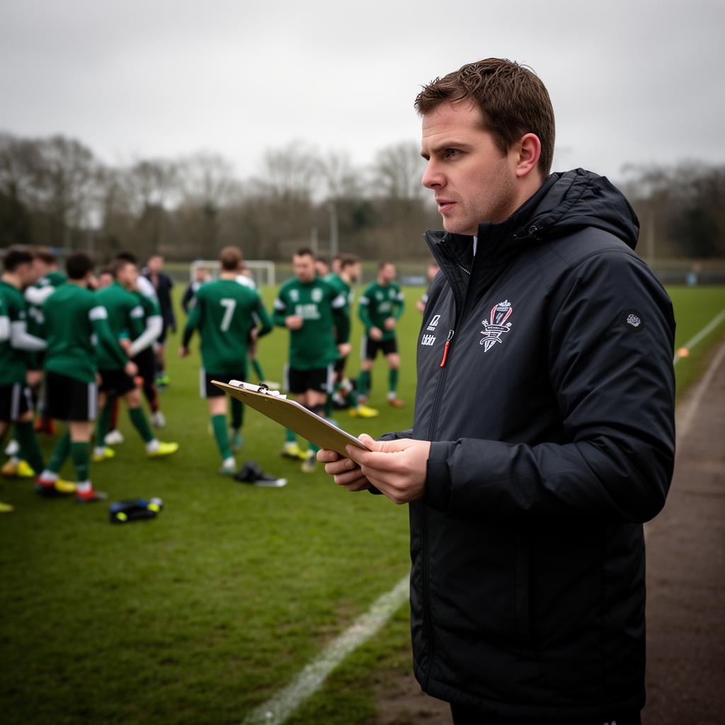 Grassroots football coach on the touchline with his team warming up