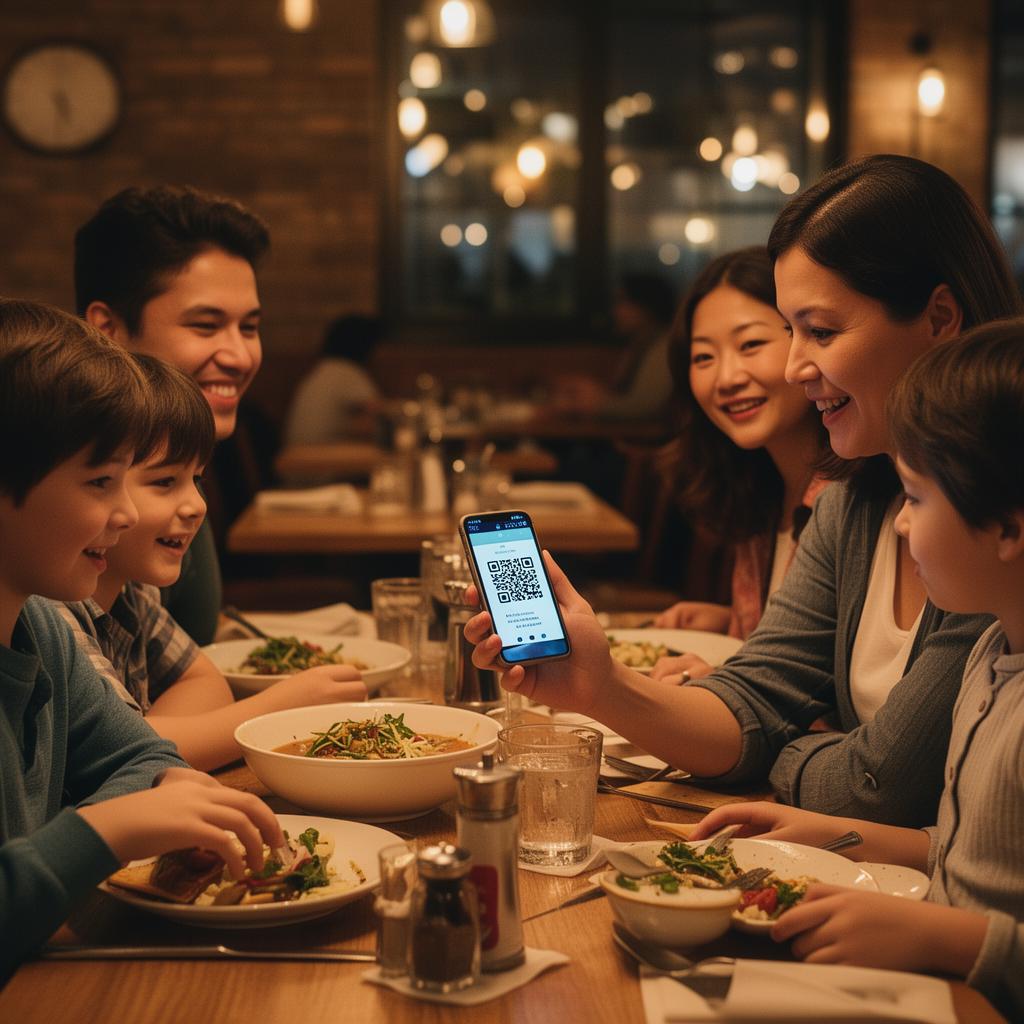 Family scanning a QR code at a restaurant table